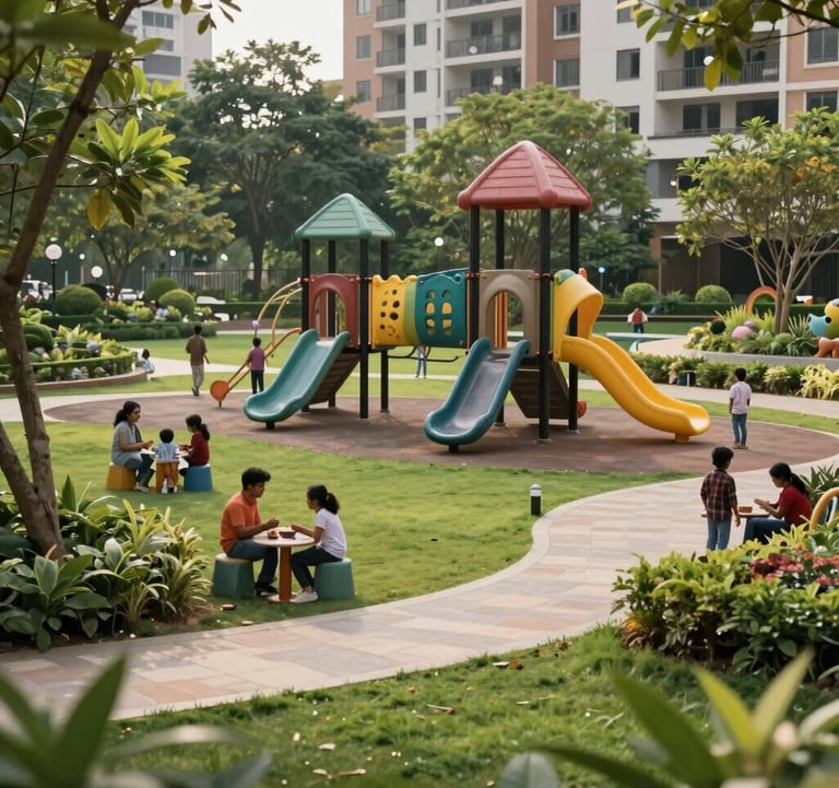 A beautifully landscaped park within a residential township in India, featuring modern playground equipment and South Asian families enjoying the lush green, pollution-free space.