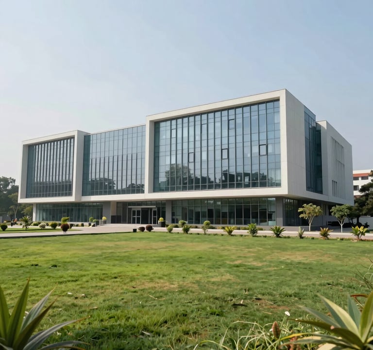 A modern international school building in India with contemporary glass architecture, surrounded by green lawns and South Asian landscaping, captured in bright daylight.