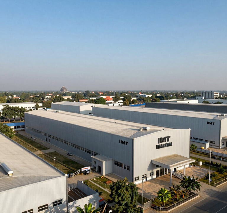 An expansive view of the IMT Kharkhoda industrial area in Haryana, featuring modern factory facades like the Maruti Plant under a clear sunny sky.