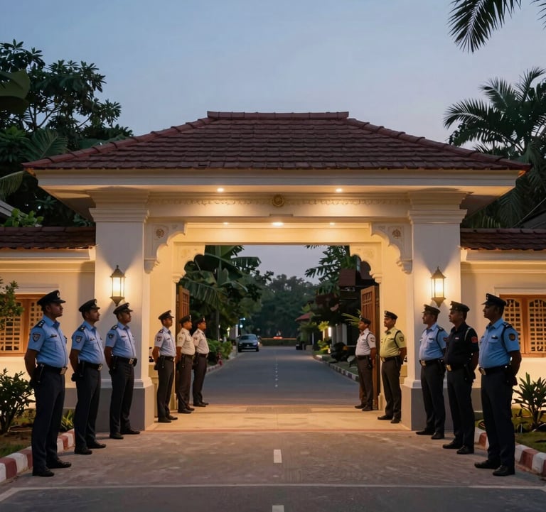Evening photography of a secure, gated community entrance in South Asian / Indian style, featuring elegant lighting and professional security personnel, embodying peace of mind and luxury.