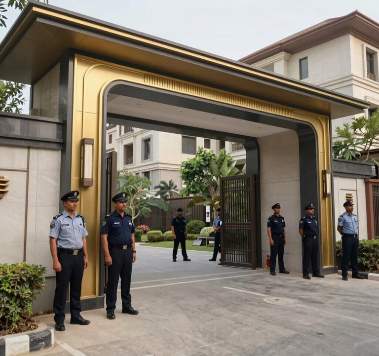 A high-security modern gatehouse at the entrance of a luxury residential township in India, featuring professional security personnel and gold-accented architectural details.