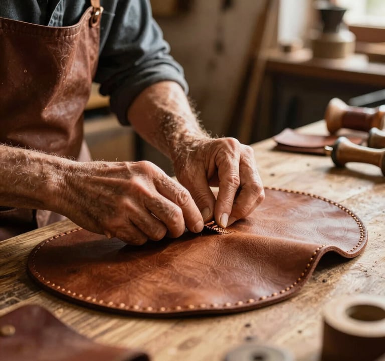 Detailed photography of an artisan in a sun-drenched Iberian workshop working on high-quality leather goods, warm gold lighting, sophisticated atmosphere, focus on texture and heritage.