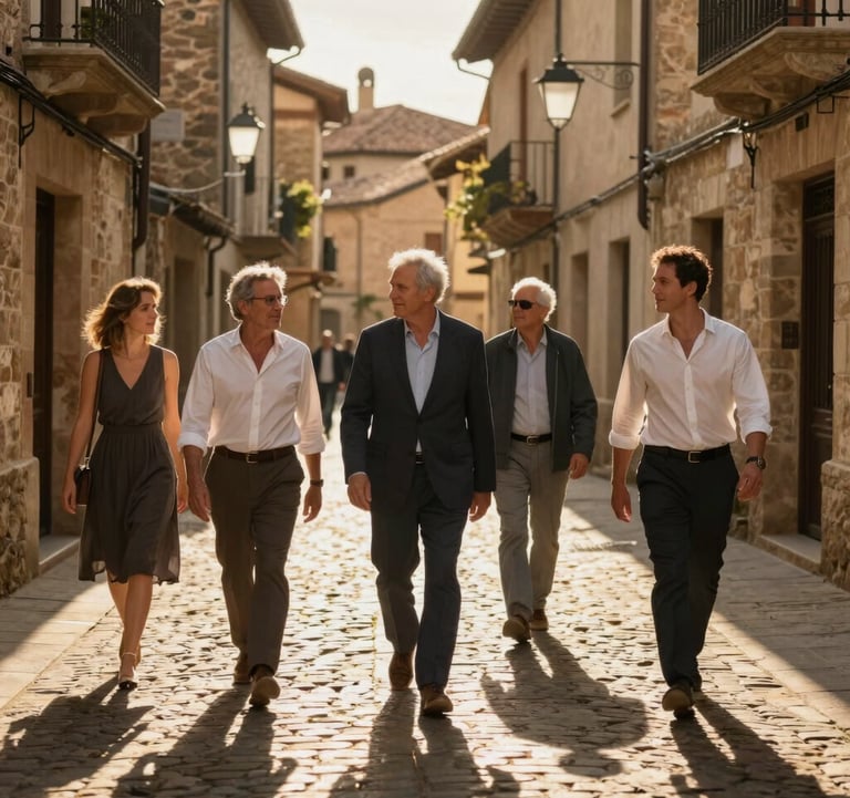 A group of elegant travelers walking through a narrow cobblestone street in a hidden village, Iberian region, long afternoon shadows and warm gold light.