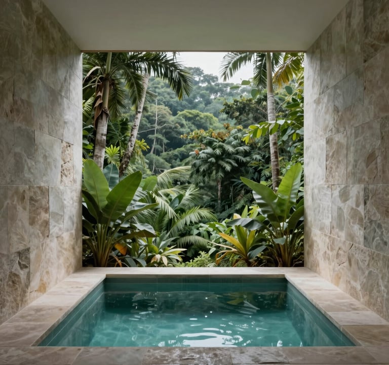 Photography of a minimalist luxury spa interior with stone walls and a small plunge pool overlooking a lush private jungle, Latin American region, muted teal and mist lighting.