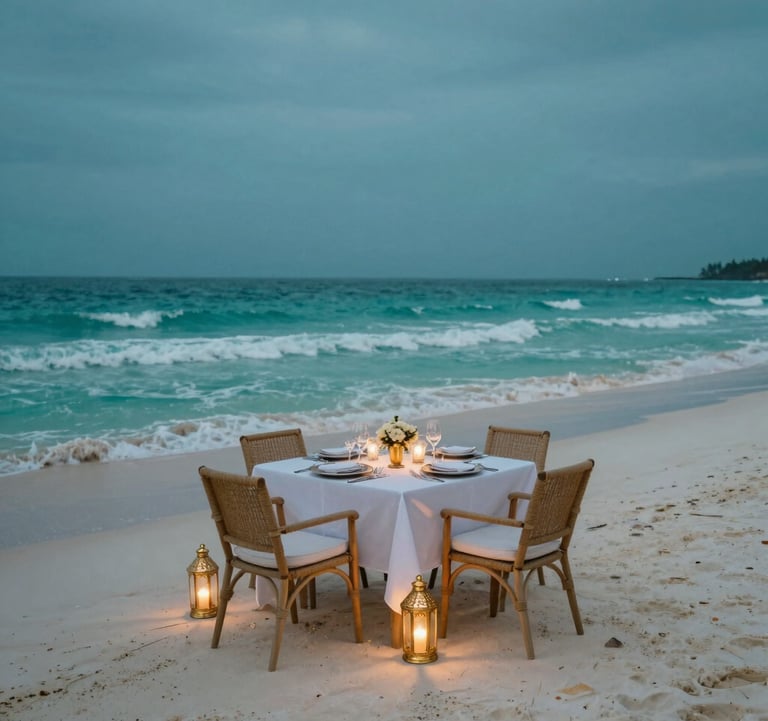 High-end travel photography of a private dinner set up on a secluded beach at twilight. Soft pale aqua waves lap the shore under a deep teal sky. A single table with gold accents and lanterns.