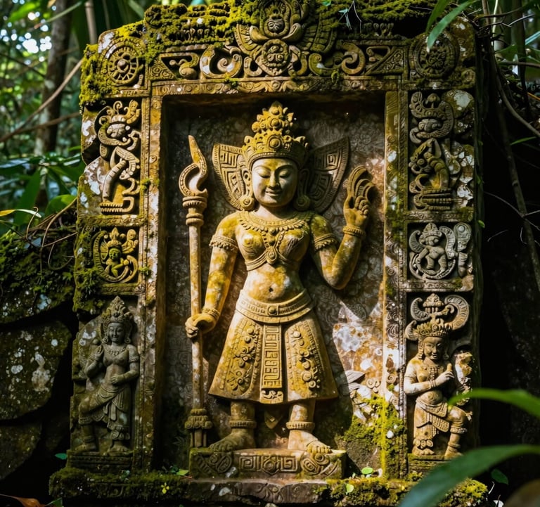 A close-up photograph of ancient, intricate stone carvings hidden within a lush Latin American jungle. Dappled sunlight filters through the canopy, highlighting the mossy textures and gold-hued stone. The composition is artistic and mysterious, emphasizing the theme of finding hidden historical gems.