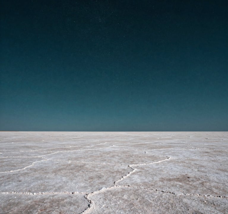 Photography of a dramatic salt flat landscape under a starry night sky, deep teal and off-white tones, high contrast, capturing the vastness and mystery of a Latin American natural wonder.