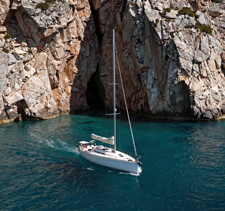 Photography of a private sailboat navigating between high rocky cliffs in a hidden Iberian cove, deep teal water, sophisticated composition, bright sunlight.