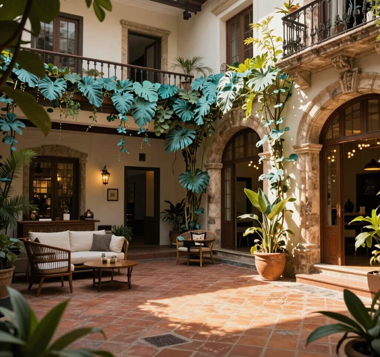 A cinematic shot of a boutique hotel courtyard in a colonial Latin American city. Warm golden light spills over terracotta tiles and sage teal climbing plants. A scene of sophisticated adventure and tranquility.