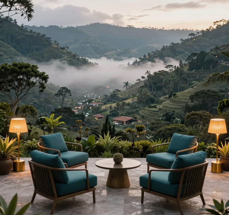 A high-end travel scene of an exclusive boutique hotel terrace overlooking a lush valley in Latin American, featuring deep teal lounge chairs and gold lighting fixtures, morning mist.