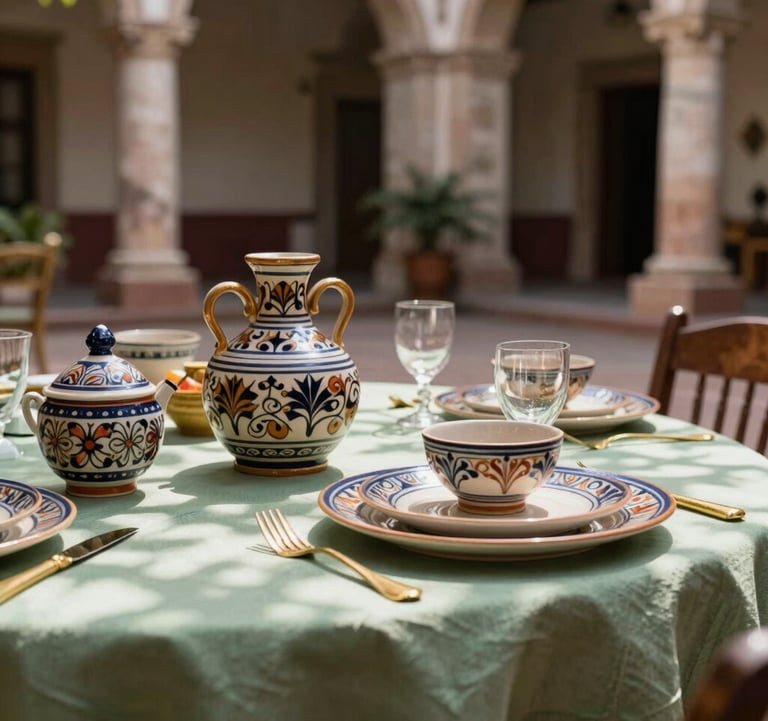 Close up of a luxury table setting in a hidden courtyard in a Latin American colonial city, featuring artisanal ceramics, gold cutlery, and sage green linens, dappled sunlight.