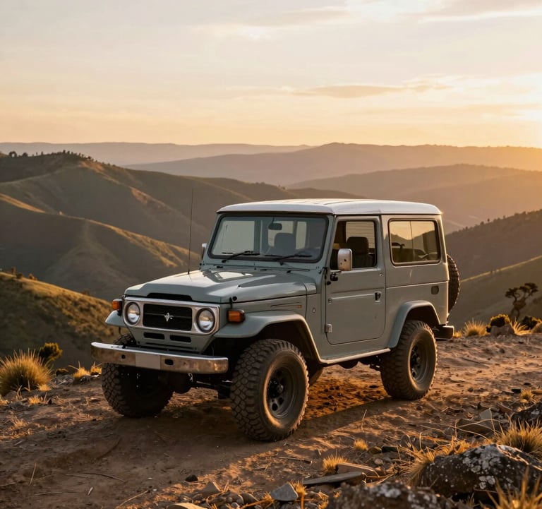 An evocative shot of a vintage off-road vehicle parked on a high mountain ridge during the golden hour. The background shows an endless horizon of rolling hills in a Latin American territory. The scene conveys luxury adventure, freedom, and the discovery of hidden paths.