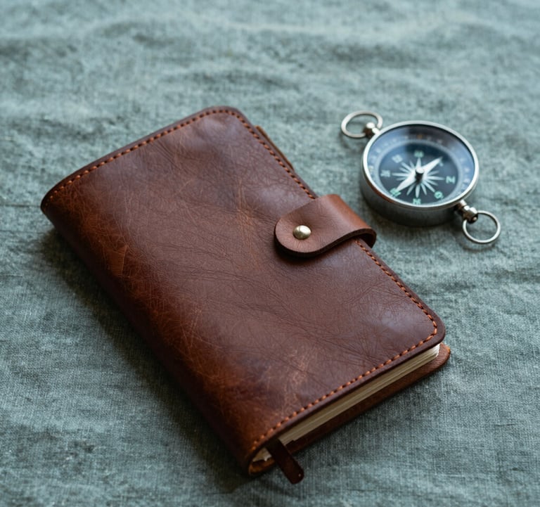 A close-up of a hand-crafted leather travel journal and a compass on a sage teal linen surface. The lighting is evocative and sophisticated, suggesting a personalized and exclusive journey in Latin America.