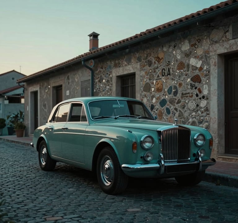 An evocative shot of a vintage luxury car parked on a quiet, cobblestone street of a Mediterranean village at dawn, deep teal and sage green tones in the shadows.