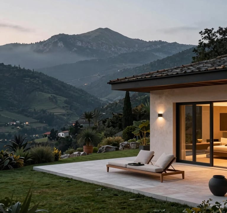 A serene, luxury private villa terrace overlooking a vast, misty mountain range in the Iberian region. The architecture features clean lines and natural materials. Twilight lighting creates a calm, exclusive atmosphere with deep green and gold accents in the decor. High-end lifestyle photography.