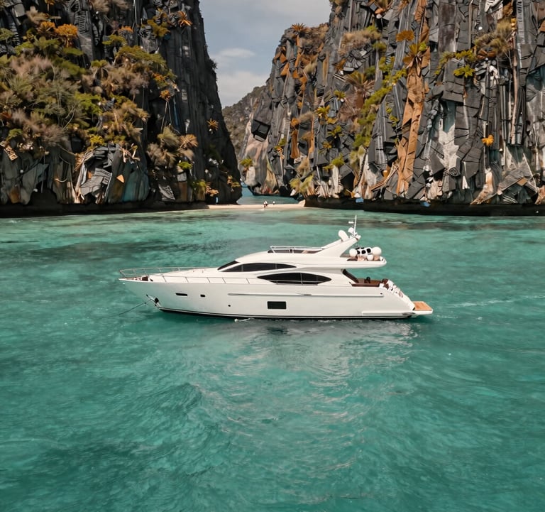 Photography of a luxury yacht anchored in a secluded turquoise bay with high cliffs, Latin American region, bright daylight, water texture in muted teal and off-white.