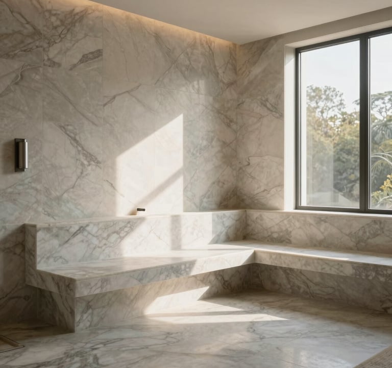 A serene photograph of a large-format marble steam room with an integrated stone bench, soft morning light filtering through high windows, capturing a premium North American spa atmosphere.
