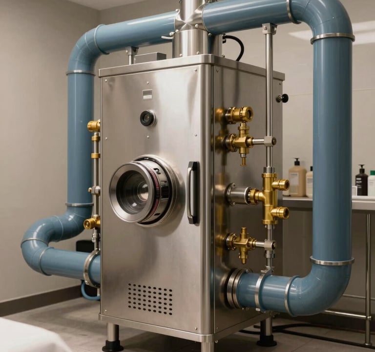 Professional photography of a luxury commercial spa facility in North America. The focus is on a sleek, high-capacity stainless steel steam generator unit integrated into a clean, modern mechanical room with muted blue pipes and professional brass fittings.