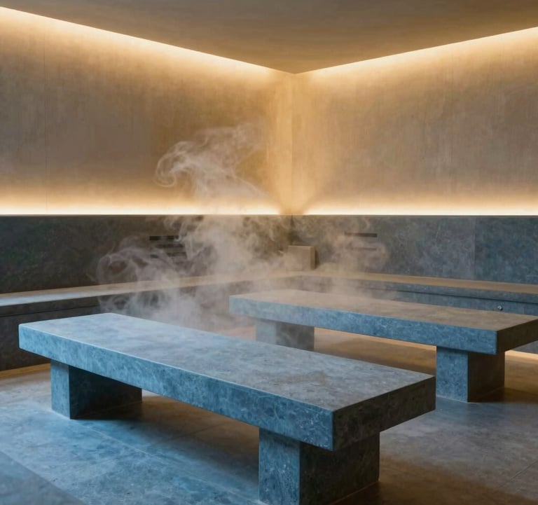 A medium shot of a modern steam room interior in a luxury North American spa facility. Minimalist benches made of muted blue stone, soft vapor filling the air, and indirect warm gold lighting highlighting the clean architectural lines and tranquil atmosphere.