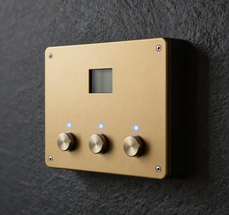 Close-up detail of a modern, minimalist steam control panel mounted on a dark textured slate wall. The panel features an elegant gold-toned interface with soft blue LED indicators, capturing the essence of sophisticated professionalism and modern elegance.