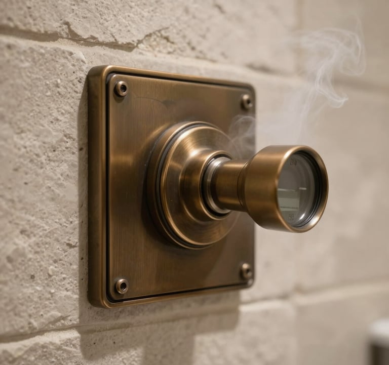A detailed macro photograph focusing on a sleek bronze-finished steam control panel mounted on a light-textured stone wall, with soft steam swirling in the background of a North American luxury spa.
