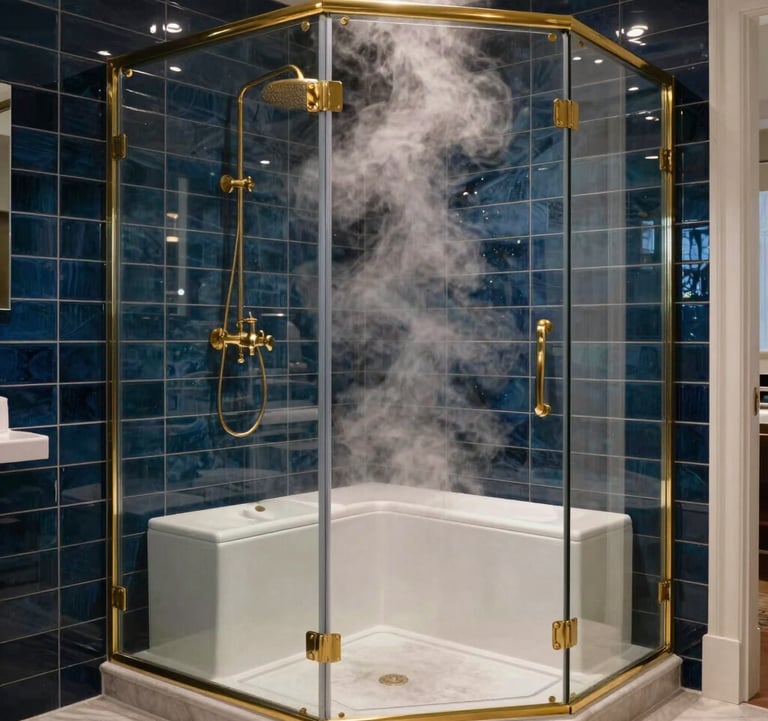 Lifestyle photography of a high-end personal home spa environment. A steam-filled glass shower stall with integrated seating is shown against a backdrop of sophisticated dark blue tiles and elegant brass fixtures in a modern North American home.
