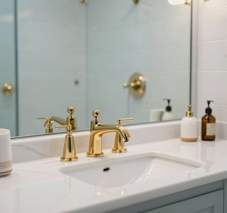 High-end residential bathroom vanity in North America, featuring luxury gold fixtures and a palette of pale blue and white. In the background, a frosted glass steam shower suggests a spa-like retreat within a modern, professional home setting.