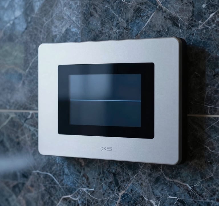 Close-up photography of a sophisticated steam control interface mounted on a dark steel blue marble wall. The digital display is minimalist and elegant, reflecting high-end North American smart-home technology and premium industrial design.
