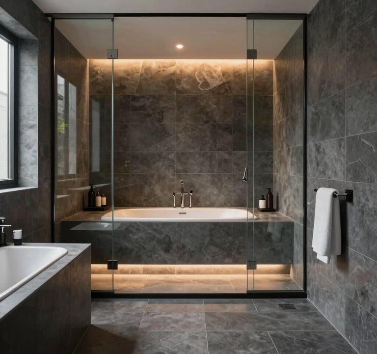 An elegant wide shot of a minimalist home spa sanctuary in a North American setting, featuring charcoal gray tiles, a sleek glass partition, and ambient warm lighting reflecting off polished surfaces.