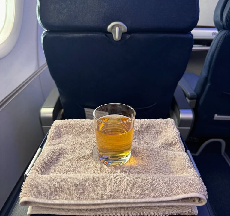 A first-person view of a luxury business class seat with a welcome drink and a warm towel. The cabin lighting is soft and modern, using midnight blue tones to convey comfort and exclusivity.