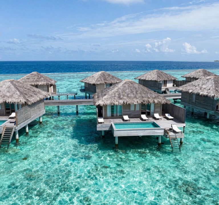 A luxury tropical resort in the Maldives with overwater bungalows and crystal-clear turquoise water, bright natural lighting, professional travel photography style. South American / Brazilian vacation vibe.