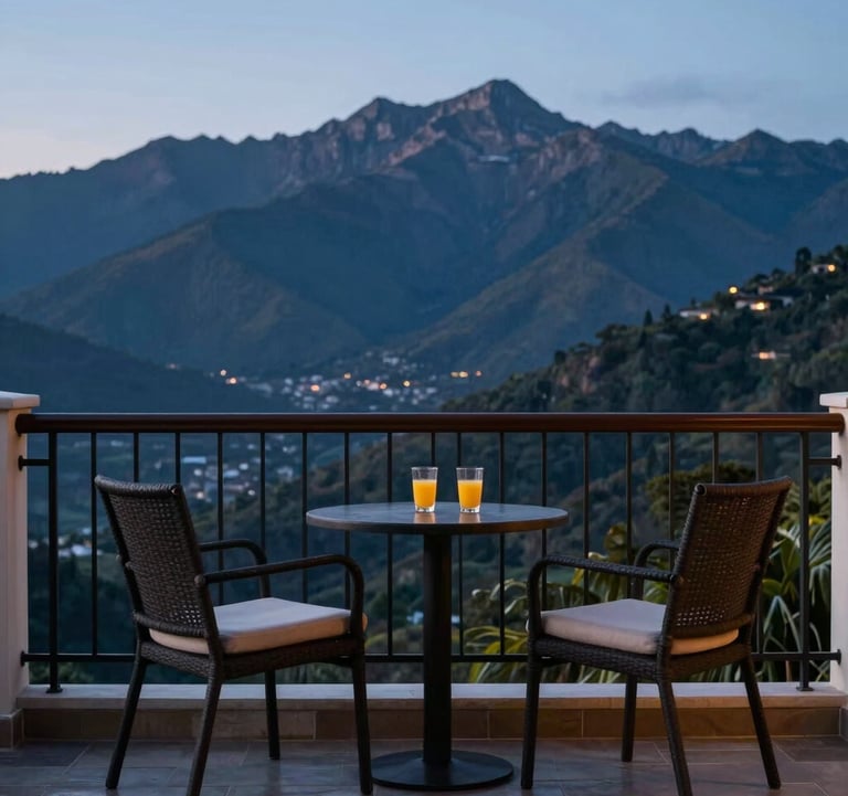 A luxury hotel balcony overlooking a South American mountain range at dusk. Two empty chairs and a table with a glass of juice. Soft, aspirational lighting in navy and light blue hues.