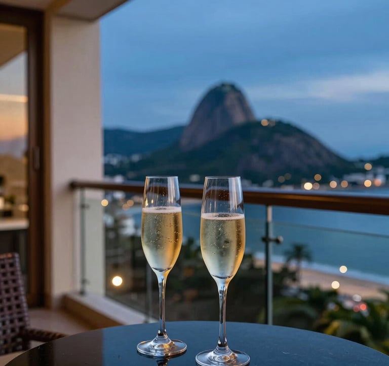 A luxury hotel balcony overlooking a famous Brazilian landmark. Two glasses of champagne are on a table. The lighting is early evening, sophisticated and aspirational, using deep blues and warm accents.