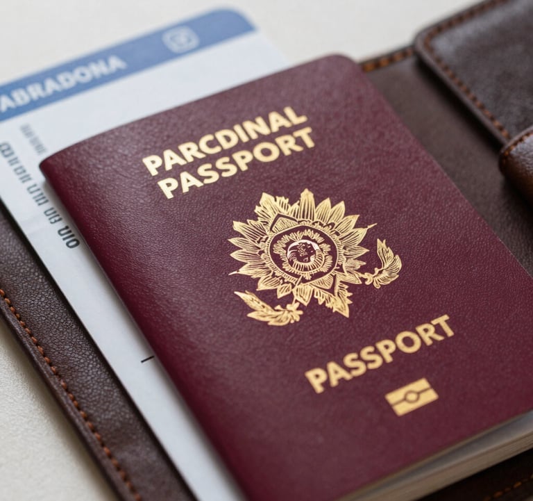A close-up photograph of a Brazilian passport resting on a leather wallet next to a set of boarding passes. Soft, natural light highlights the gold embossing of the passport. The style is clean and modern, representing the ease of international travel.