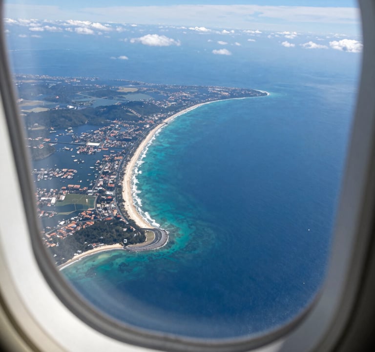 Aerial view of a South American coastline from an airplane window, showing deep blue ocean and white sandy beaches. Bright, sunny daylight, high-end travel photography style.