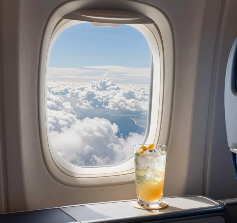 A luxury airplane cabin view through a window showing white clouds over a Brazilian coastline. A refreshing drink sits on the side table. Soft, bright lighting in light blue and off-white tones. High-end travel lifestyle photography.