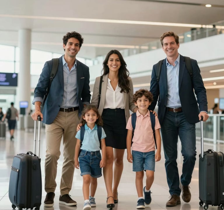 A happy South American family at a luxury airport terminal, smiling and ready for a trip. They are dressed in smart travel clothes. The background is a clean, modern architectural space with off-white and light blue tones.