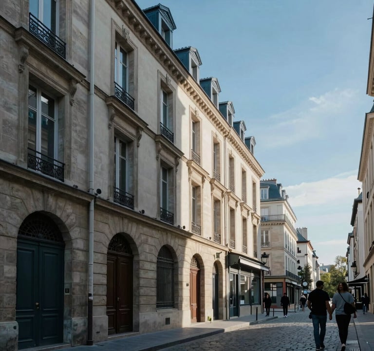 Modern photography of a charming European street in Paris with sunlight reflecting on the stone architecture, shot from a low angle. Soft Gray-White and Deep Blue tones. South American / Brazilian tourist perspective.