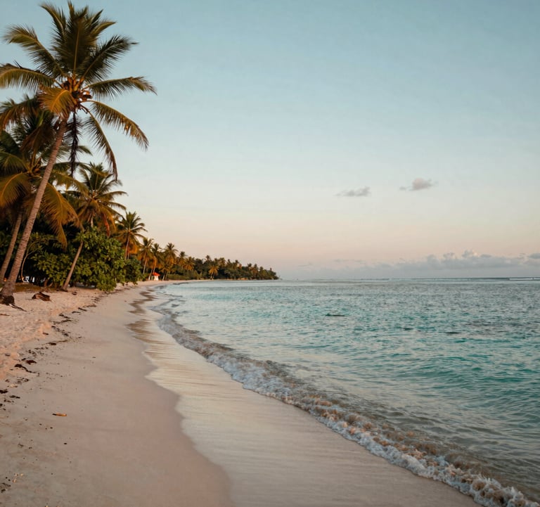 A beautiful sunset shot of a South American beach with calm turquoise waters and palm trees. High-end travel photography style, emphasizing relaxation and the dream of travel. Colors feature soft light blue and warm tones.