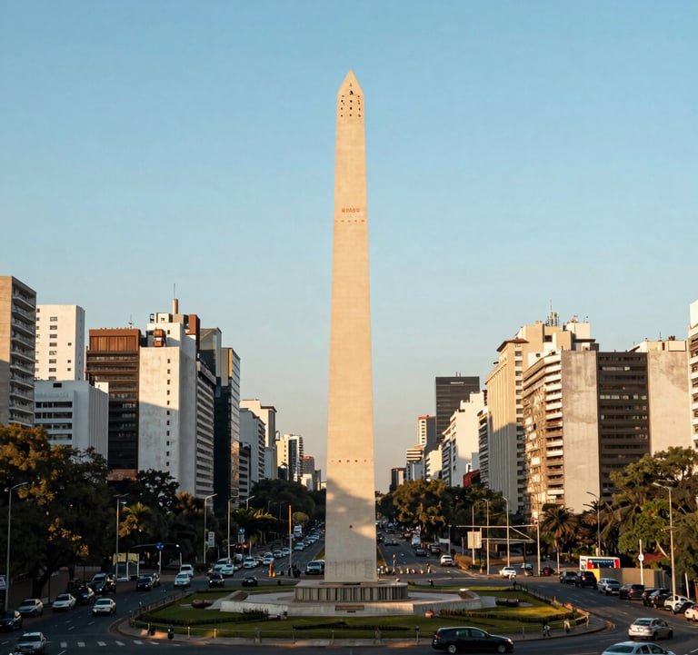 The bright and modern city skyline of Buenos Aires during the golden hour, featuring the Obelisk and wide avenues, clean composition with Light Sky Blue accents. South American / Brazilian setting.