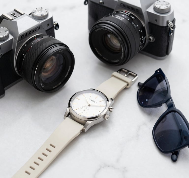 A high-fashion photography shot of a traveler's accessories: a luxury watch, a pair of sunglasses, and a camera on a white marble surface. Sharp focus, clean composition, using the brand's off-white and dark blue tones.