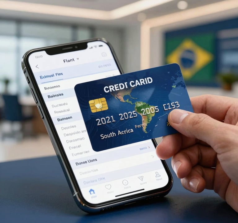 Close-up of a premium credit card being held over a smartphone screen displaying a flight itinerary to a South American destination. The background shows a blurry, modern Brazilian office. Professional, clean lighting with navy blue accents.