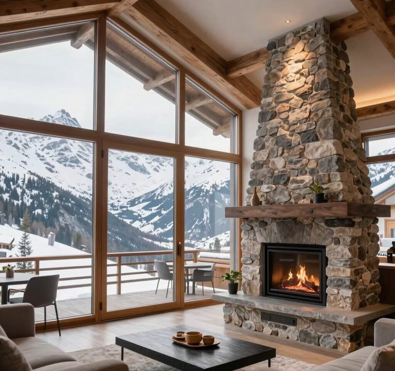An elegant mountain lodge in the Swiss Alps, featuring floor-to-ceiling windows that frame snow-capped peaks. The interior is lit with warm, soft white light from a modern stone fireplace. The composition is clean and luxurious, embodying a peaceful North American / International retreat.