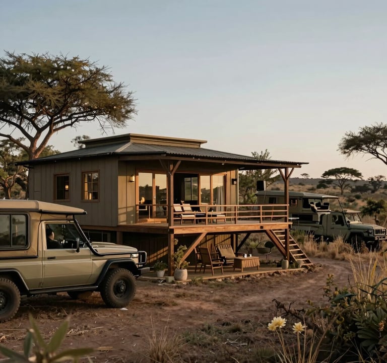 A scenic view of a private safari lodge in a remote, high-end wilderness setting, designed with sustainable luxury in mind. North American / International travel style.