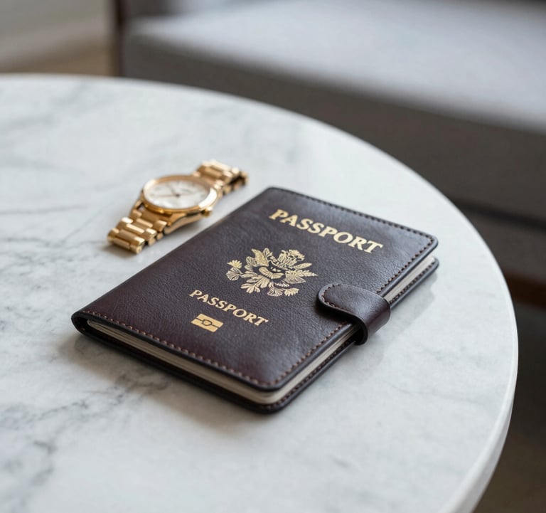 A close-up photograph of high-end travel accessories, including a leather passport holder and gold watch, resting on a marble table in a bright, light grey lounge. North American / International context.