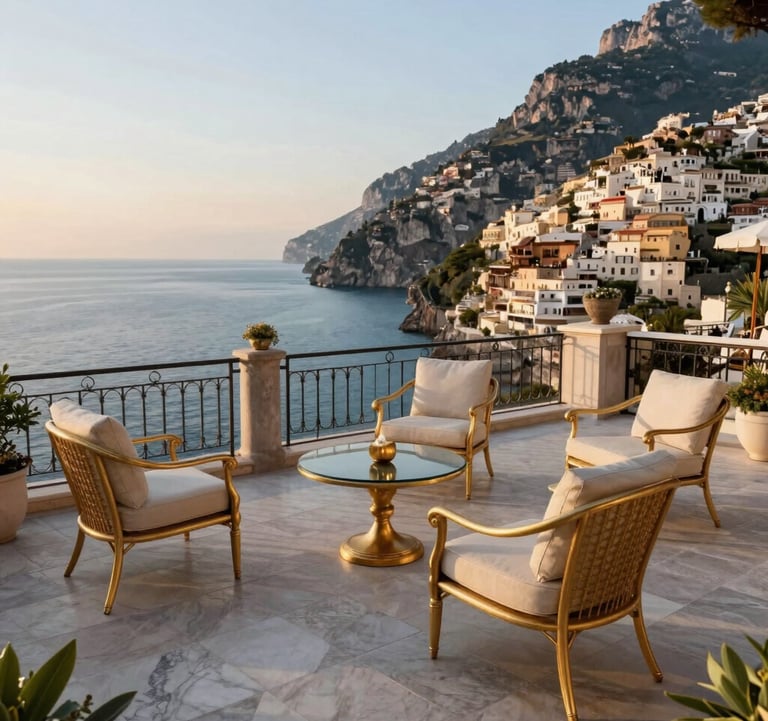 A luxury hotel terrace overlooking the Amalfi Coast at sunrise. The scene includes elegant muted gold outdoor furniture and pale gray stone tiles. The Mediterranean sea is visible in the background with clear blue water. The vibe is sophisticated and aspirational, tailored for a North American / International traveler.