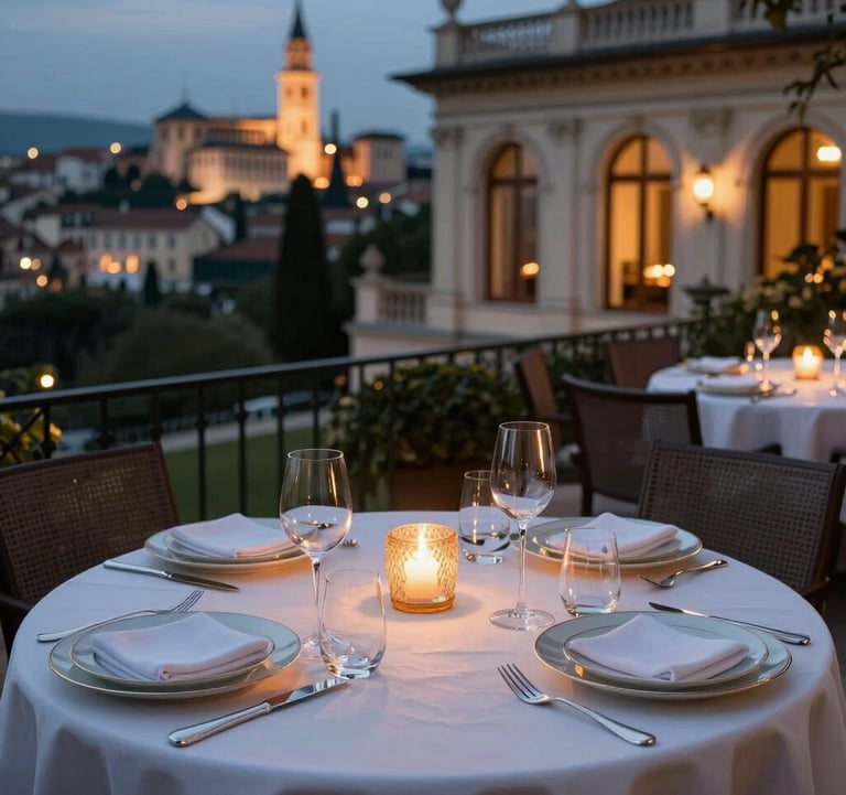 An elegant outdoor dining scene at a luxury villa overlooking a historic European city at night. Silverware and fine china reflect the warm candlelit atmosphere. Sophisticated and high-end international mood.