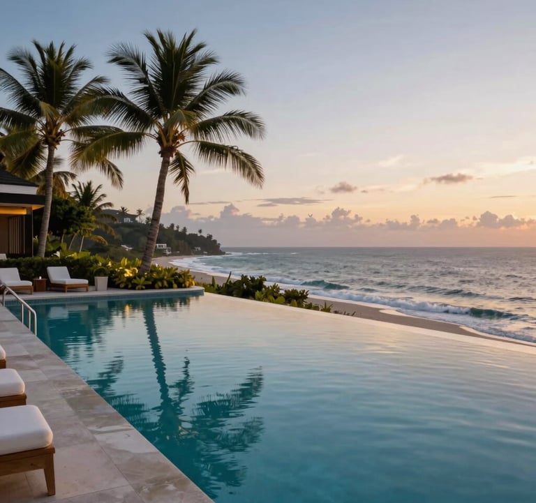 A high-end private infinity pool overlooking a tropical coastline at dusk, featuring soft golden and blue hour lighting. North American / International luxury aesthetic.