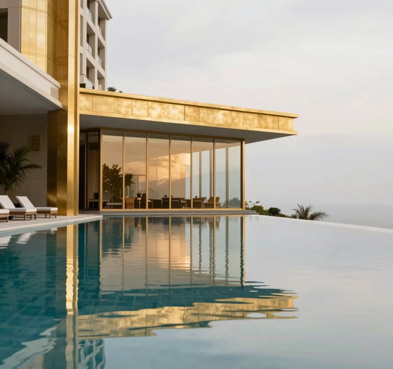 A professional architectural photograph of a sleek, modern infinity pool at a luxury hotel, reflecting a light grey sky and surrounding gold decor. North American / International context.