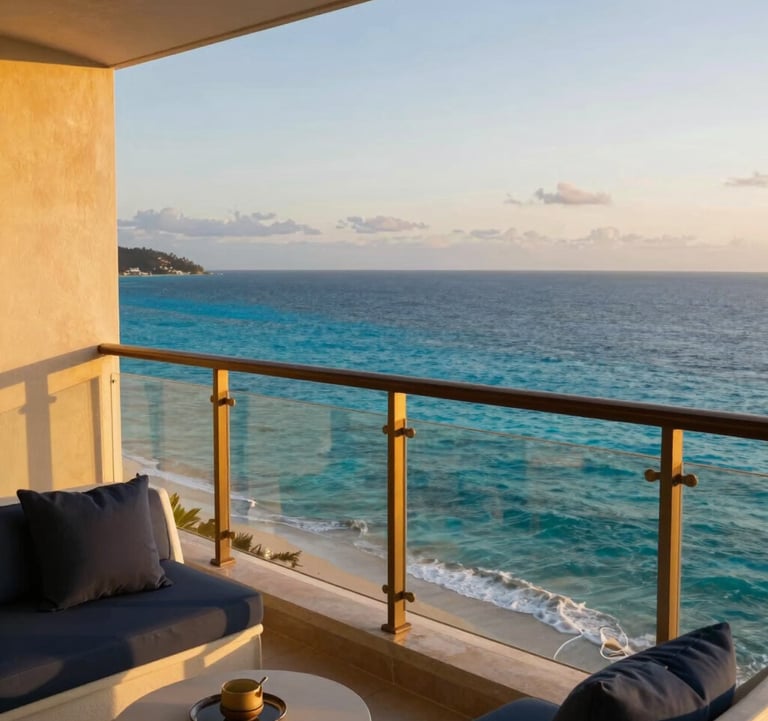 A photograph of a luxury resort balcony overlooking a crystal-clear ocean at sunset, featuring gold-toned architecture and dark blue cushions. North American / International context.